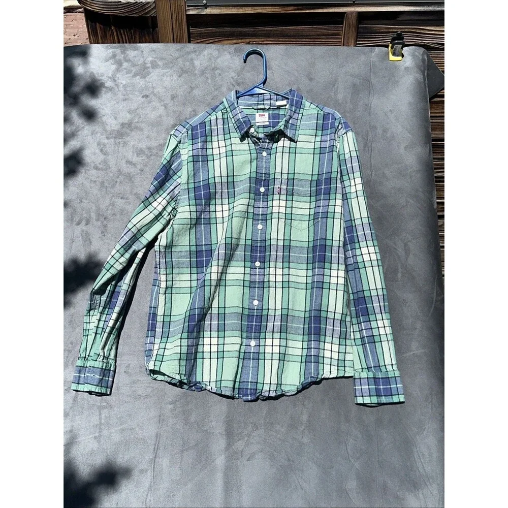 Men’s Levi’s L Button Up Shirt Blue Plaid Cotton Summer Standard San Francisco